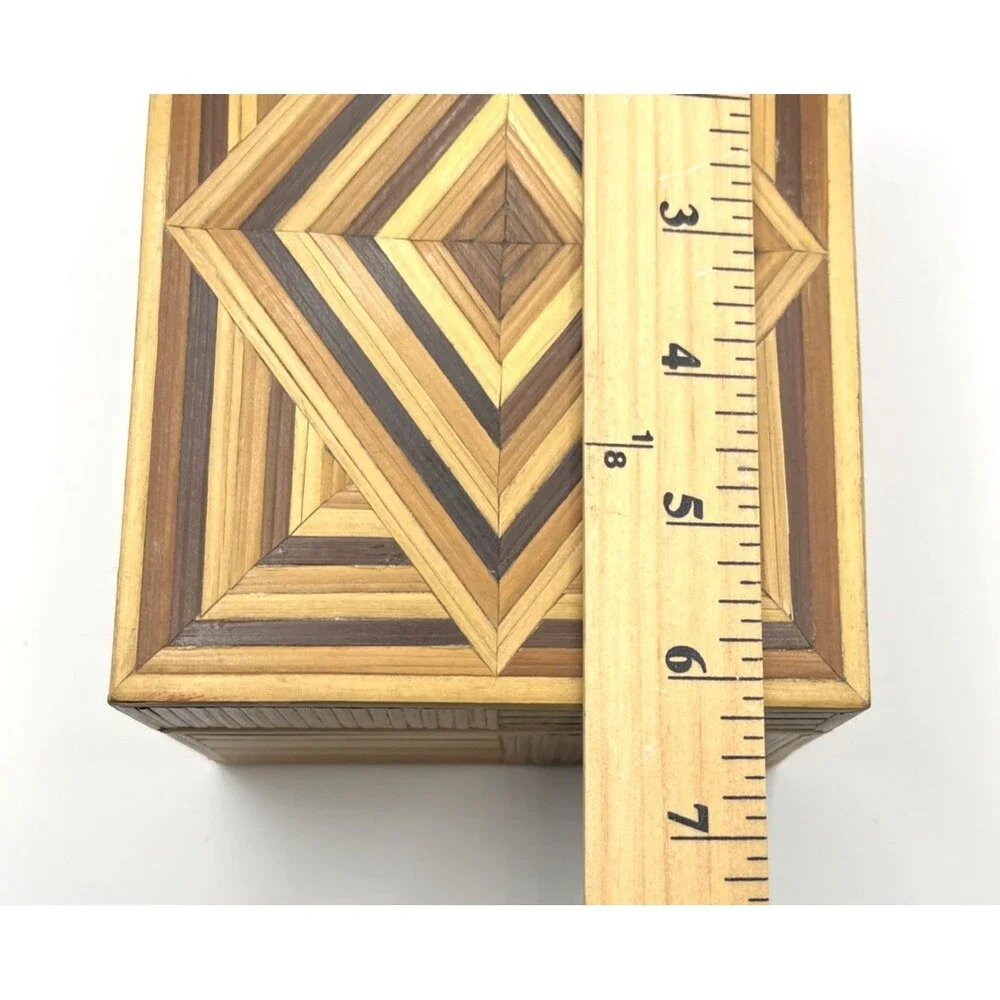 Handmade Bamboo Wood Inlaid Trinket Jewelry Box Geometric Marquetry Boho 6